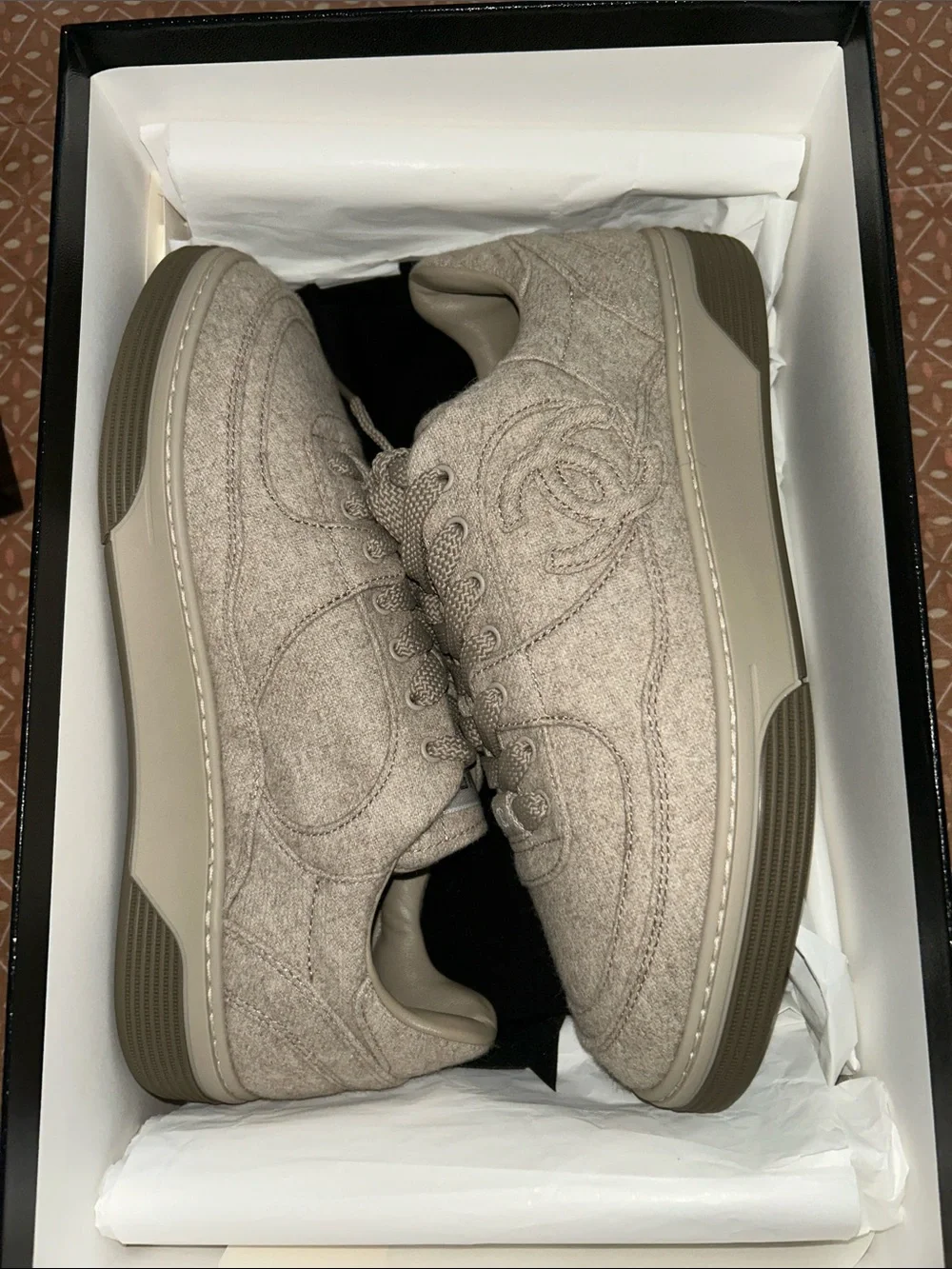 CHANEL Wool Quilted Low-Top Sneakers in Taupe